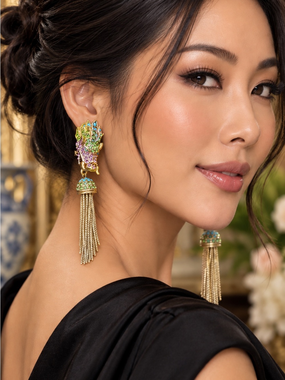 RARE Heidi Daus “That Something Special Dragon” Crystal Tassel Earrings 3.5”